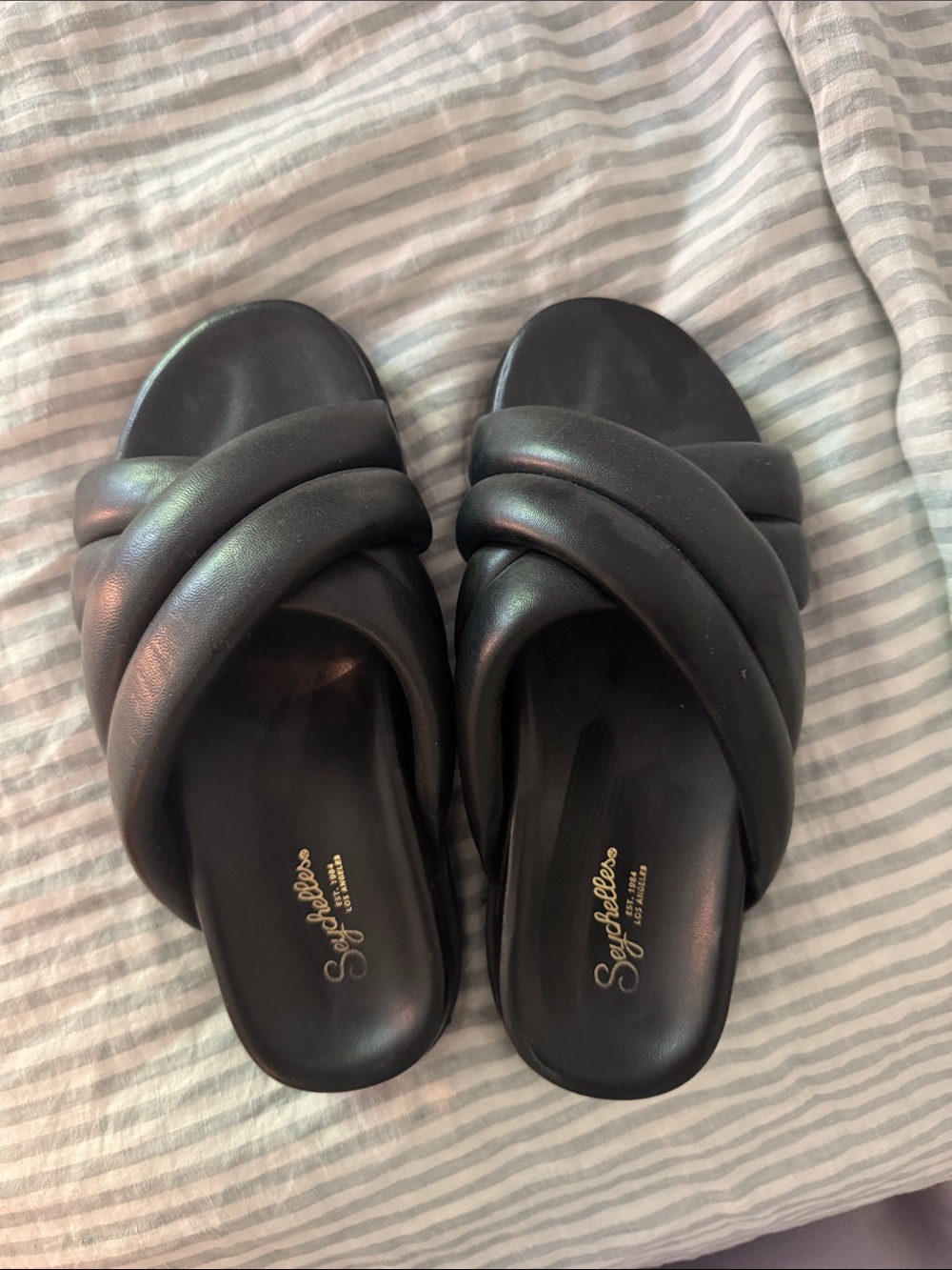 Seychelles Black Padded Crossover Slide Mules